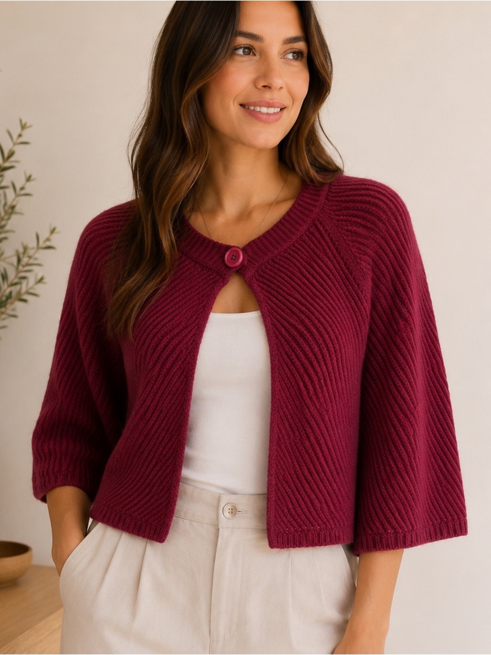 MaxMara Cropped Ribbed Cardigan Burgundy One Button Wool Size L - Picture 1 of 9